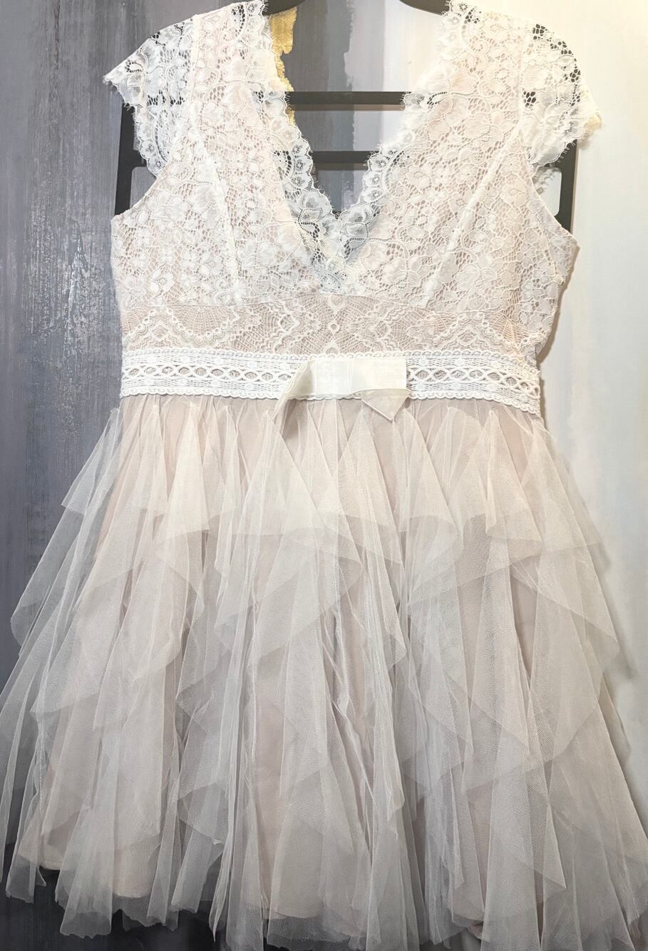 Fairycore Lace Tulle Dress XL Blush Nude Tiered Mesh Ruffle Romantic Formal